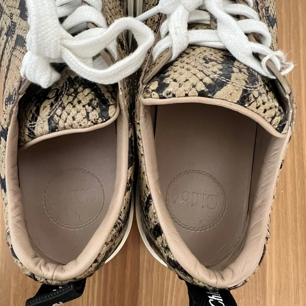 Chloe Lauren Snakeskin Embossed Leather Scalloped Low Top Sneakers Brown 38 - Picture 10 of 11